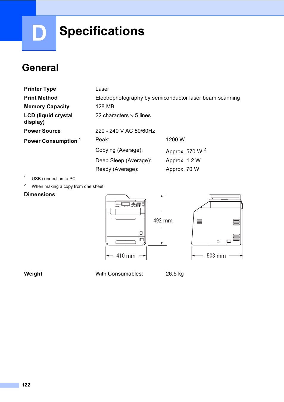 D specifications, General, Specifications | Brother DCP-9055CDN User Manual | Page 130 / 146