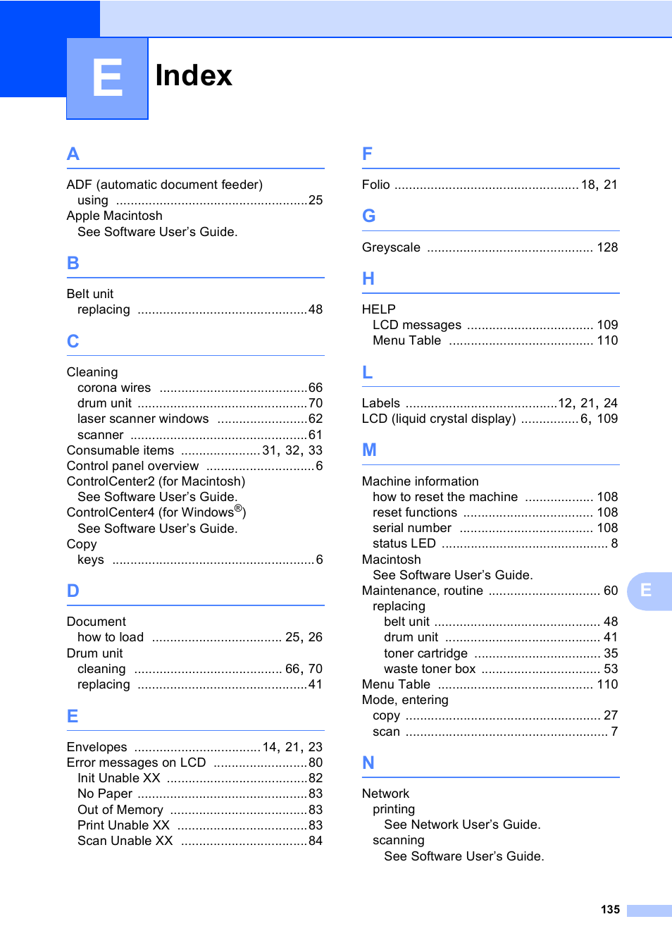 Index | Brother DCP-9055CDN User Manual | Page 143 / 146