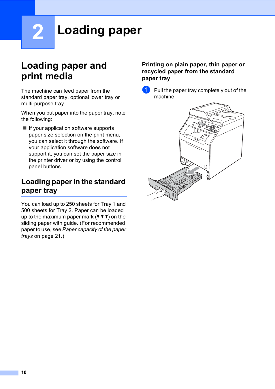 2 loading paper, Loading paper and print media, Loading paper in the standard paper tray | Loading paper | Brother DCP-9055CDN User Manual | Page 18 / 146