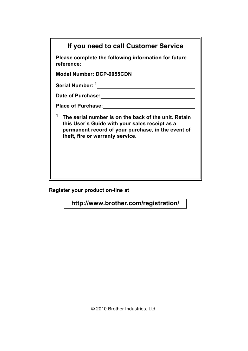 If you need to call customer service | Brother DCP-9055CDN User Manual | Page 2 / 146