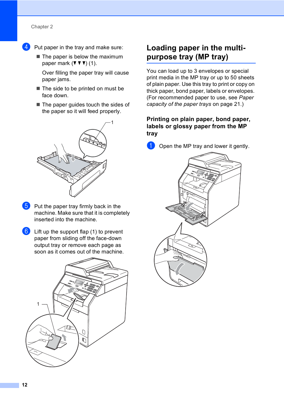 Loading paper in the multi- purpose tray (mp tray), Loading paper in the multi-purpose tray (mp tray) | Brother DCP-9055CDN User Manual | Page 20 / 146