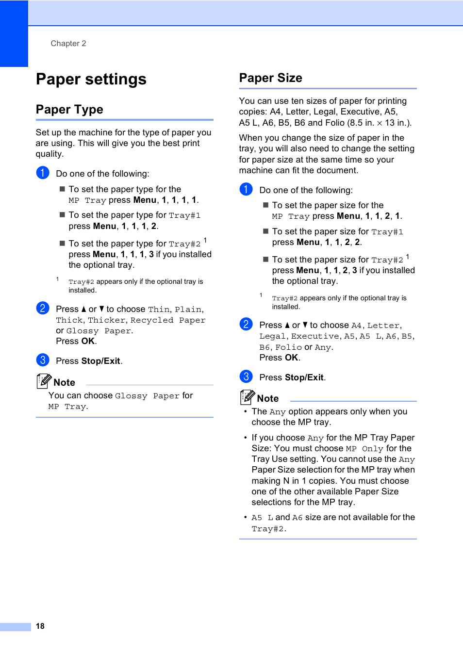 Paper settings, Paper type, Paper size | Paper type paper size | Brother DCP-9055CDN User Manual | Page 26 / 146