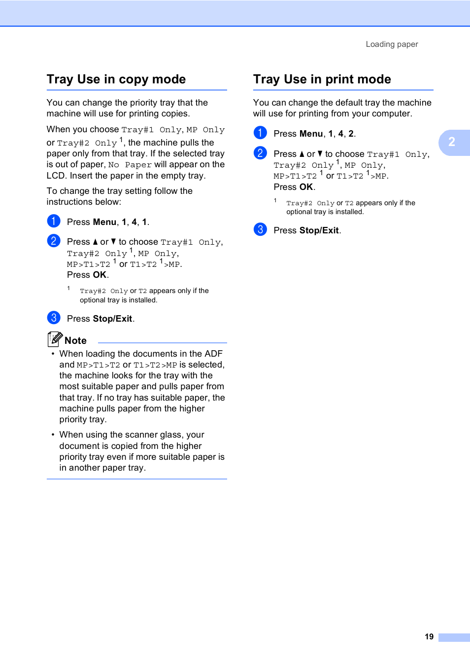 Tray use in copy mode, Tray use in print mode, Tray use in copy mode tray use in print mode | 2tray use in copy mode | Brother DCP-9055CDN User Manual | Page 27 / 146