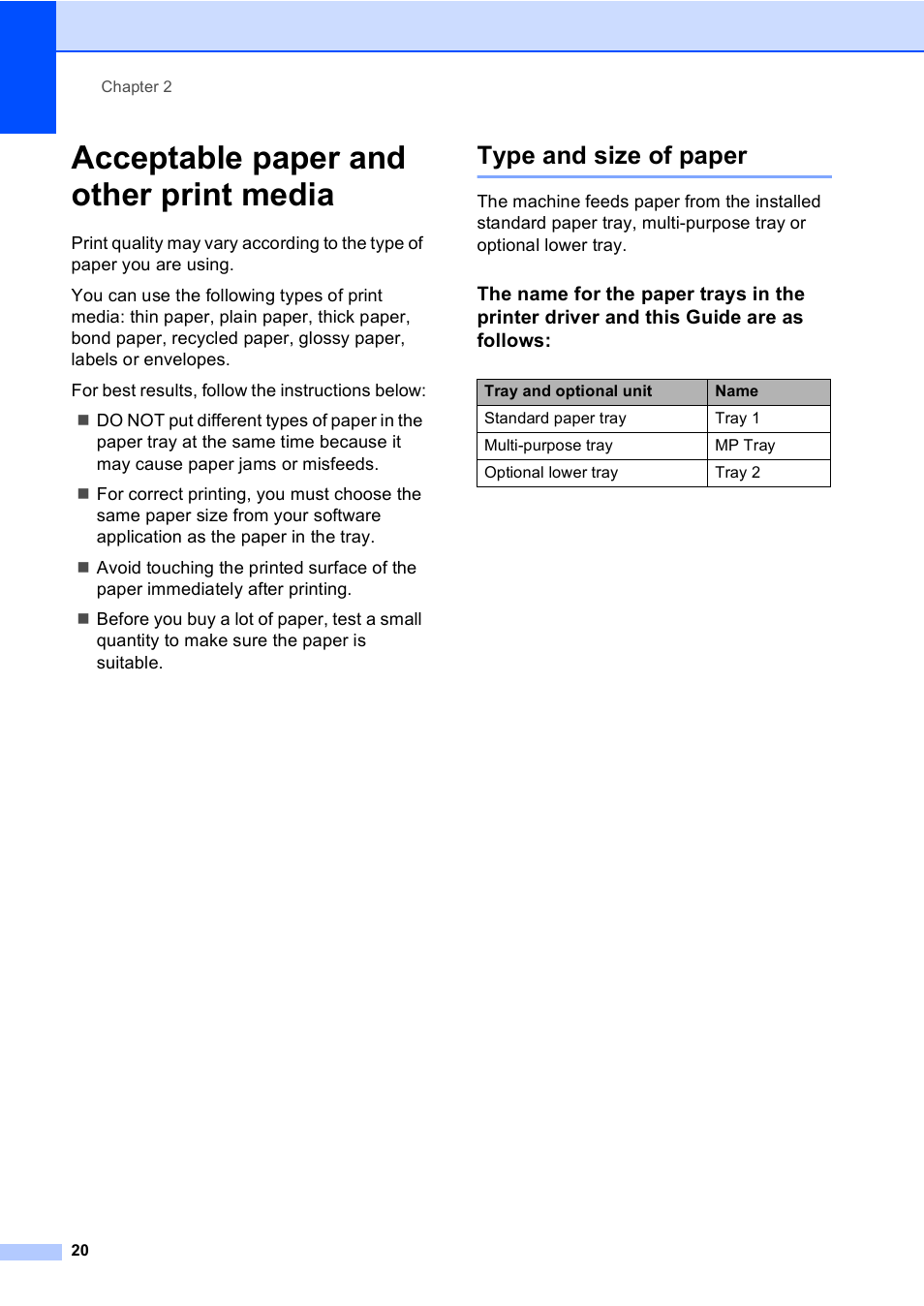 Acceptable paper and other print media, Type and size of paper | Brother DCP-9055CDN User Manual | Page 28 / 146