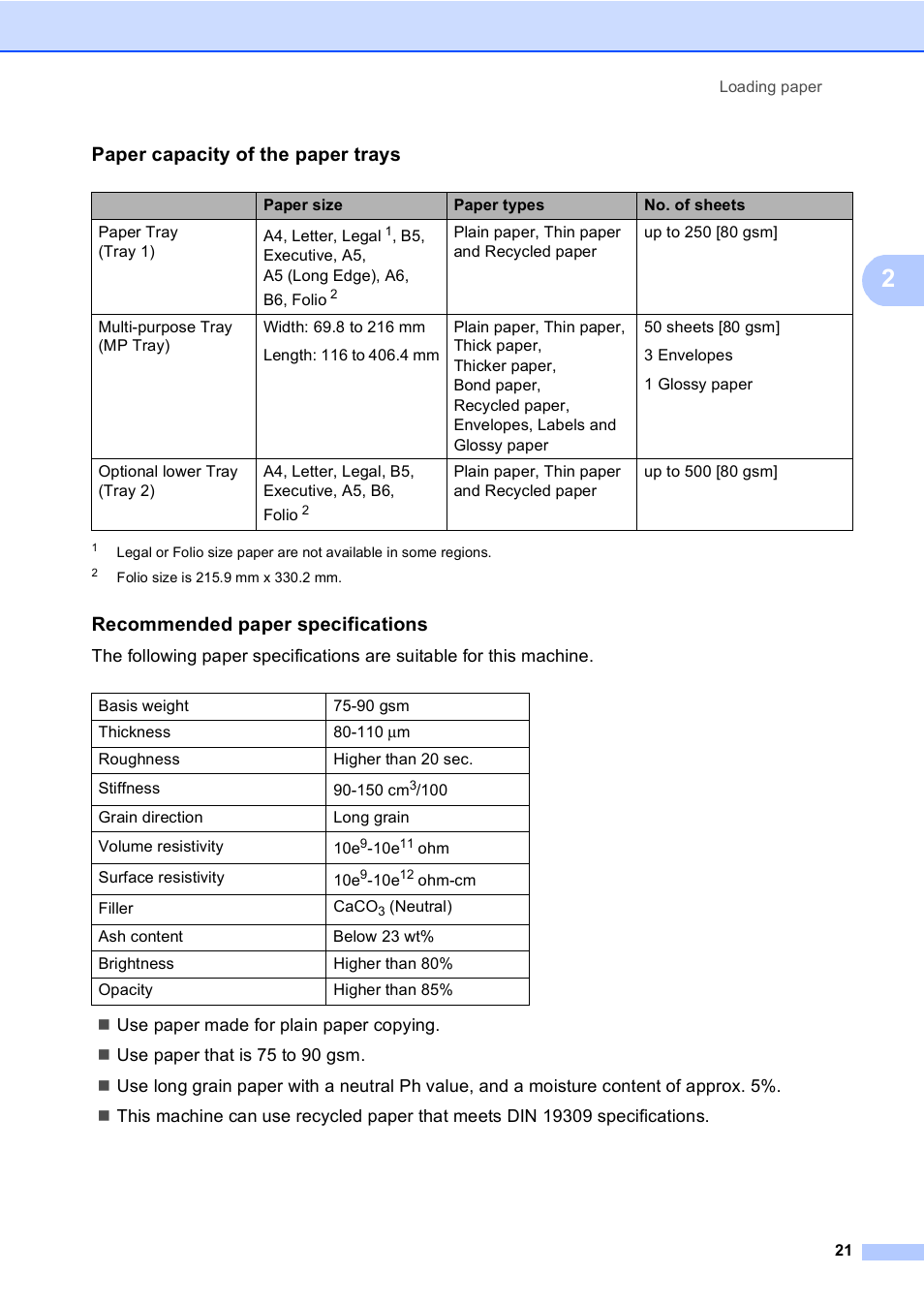 Paper capacity of the paper trays, Recommended paper specifications | Brother DCP-9055CDN User Manual | Page 29 / 146