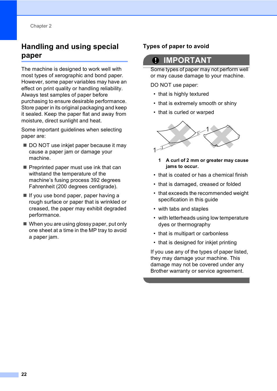 Handling and using special paper, Types of paper to avoid, Important | Brother DCP-9055CDN User Manual | Page 30 / 146