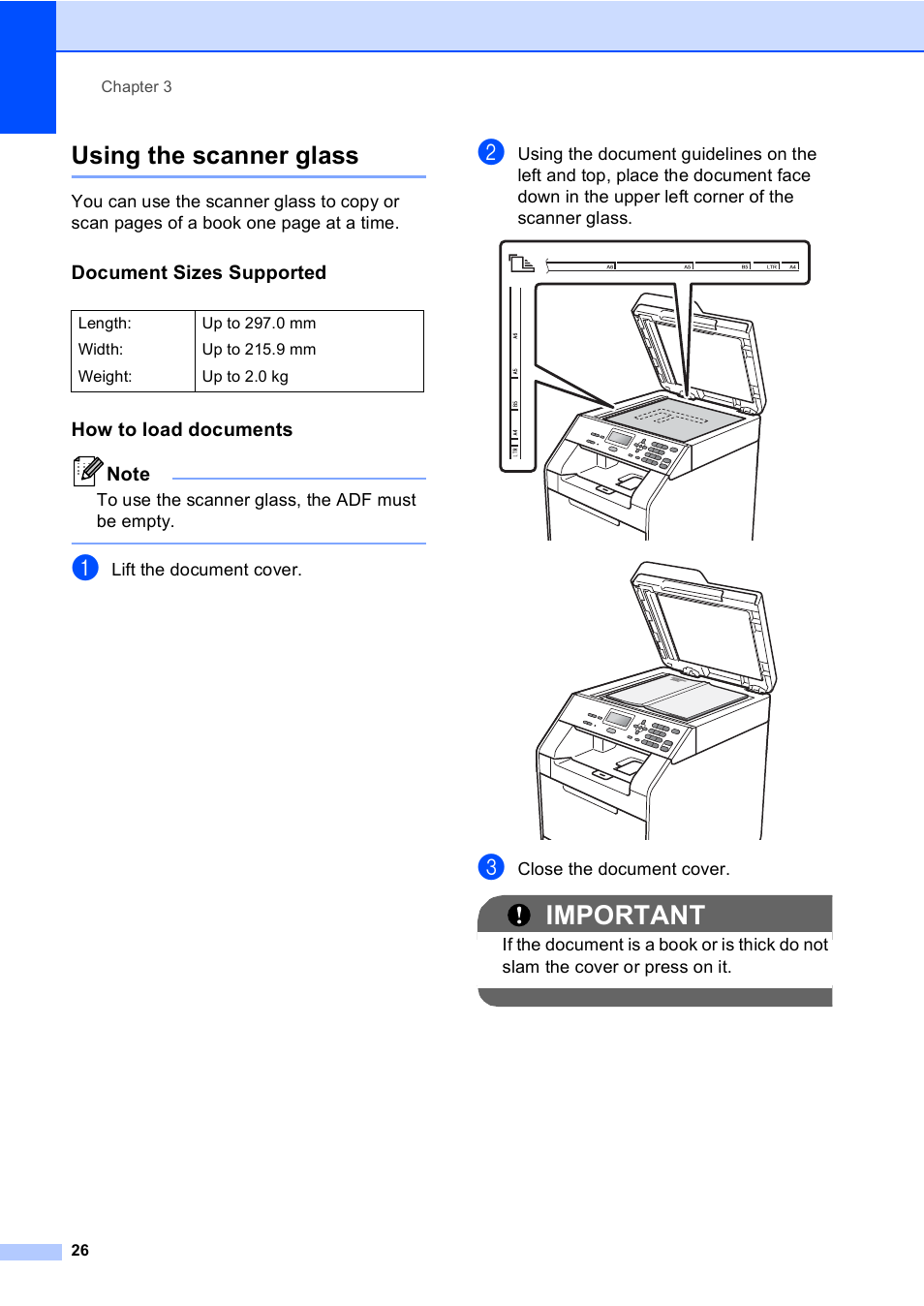 Using the scanner glass, Document sizes supported, How to load documents | Important | Brother DCP-9055CDN User Manual | Page 34 / 146