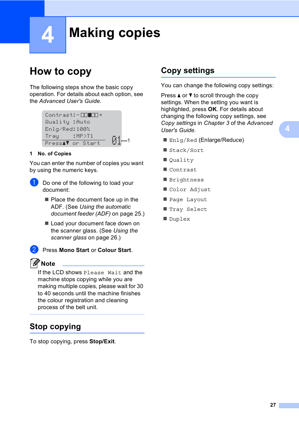 4 making copies, How to copy, Stop copying | Copy settings, Making copies, Stop copying copy settings | Brother DCP-9055CDN User Manual | Page 35 / 146