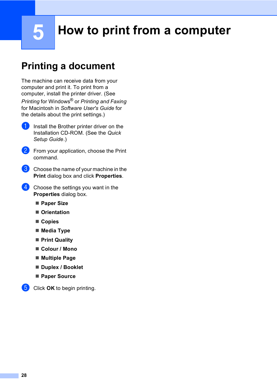 5 how to print from a computer, Printing a document, How to print from a computer | Brother DCP-9055CDN User Manual | Page 36 / 146