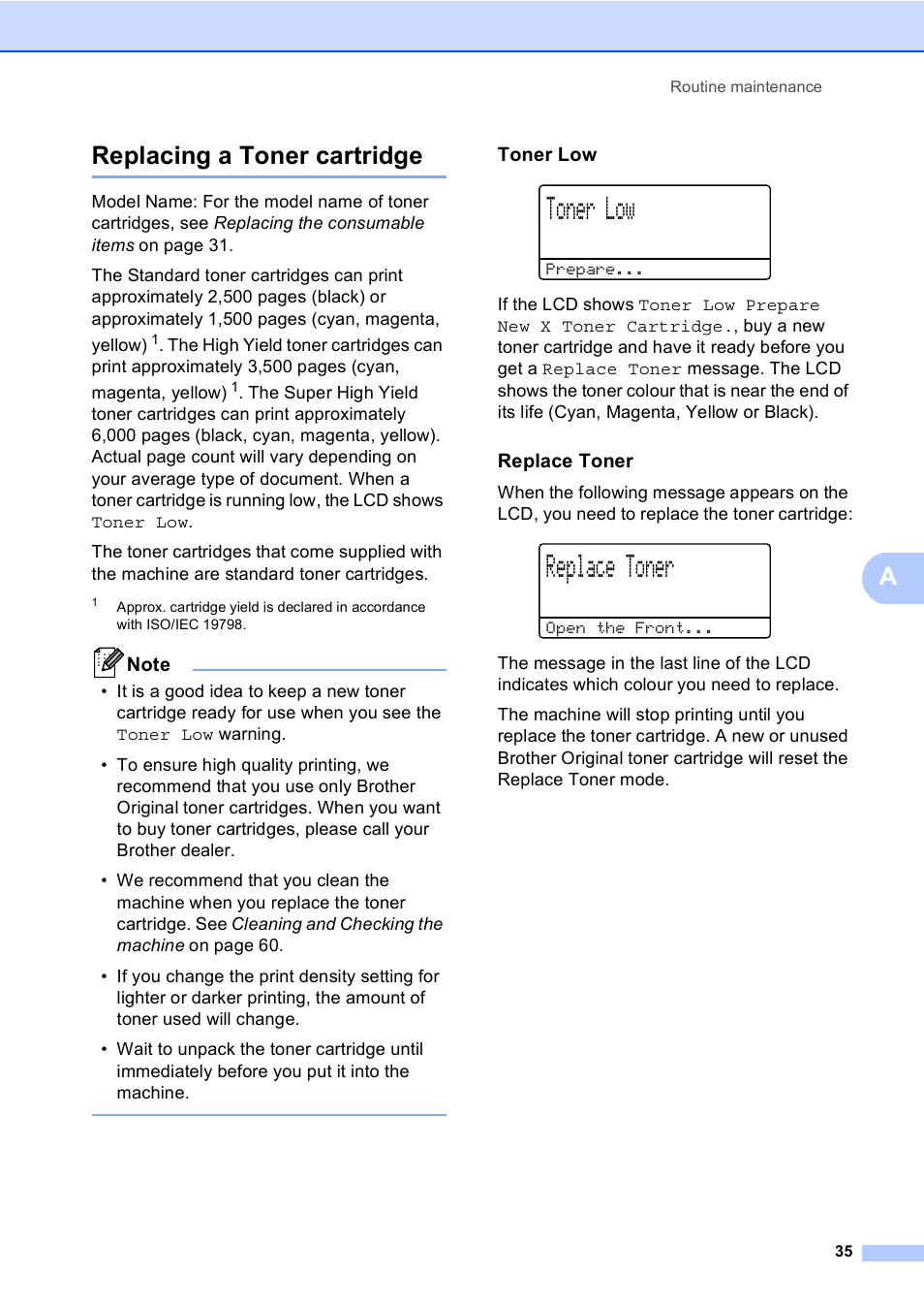 Replacing a toner cartridge, Toner low, Replace toner | Areplacing a toner cartridge | Brother DCP-9055CDN User Manual | Page 43 / 146