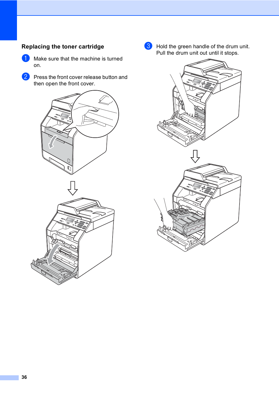 Replacing the toner cartridge | Brother DCP-9055CDN User Manual | Page 44 / 146