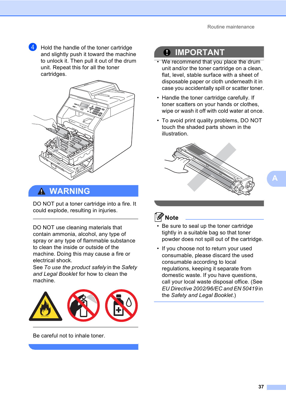 Warning, Important, Be careful not to inhale toner | Brother DCP-9055CDN User Manual | Page 45 / 146