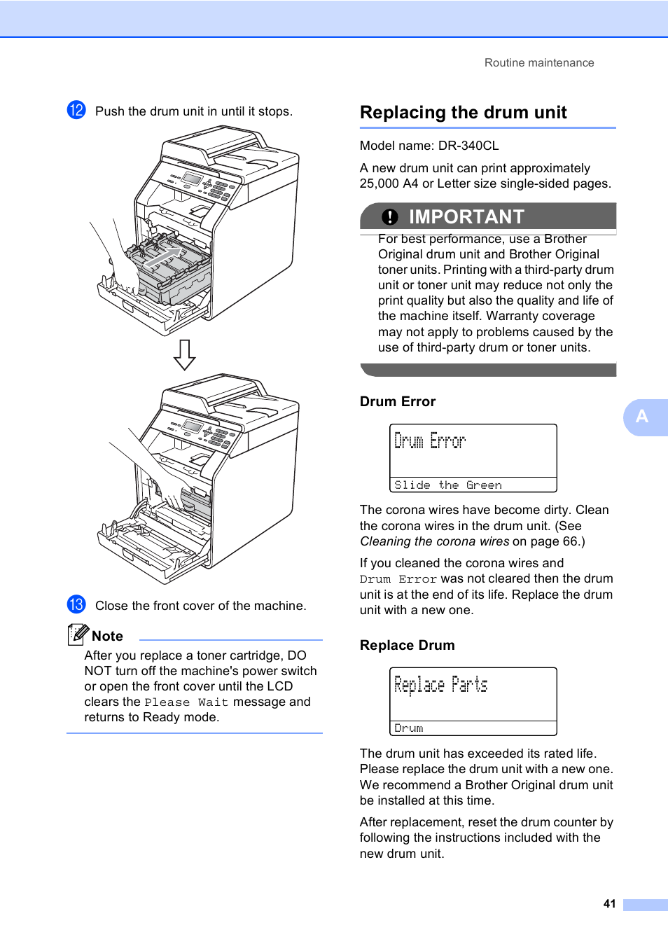 Replacing the drum unit, Drum error, Replace drum | Replace parts, Important | Brother DCP-9055CDN User Manual | Page 49 / 146