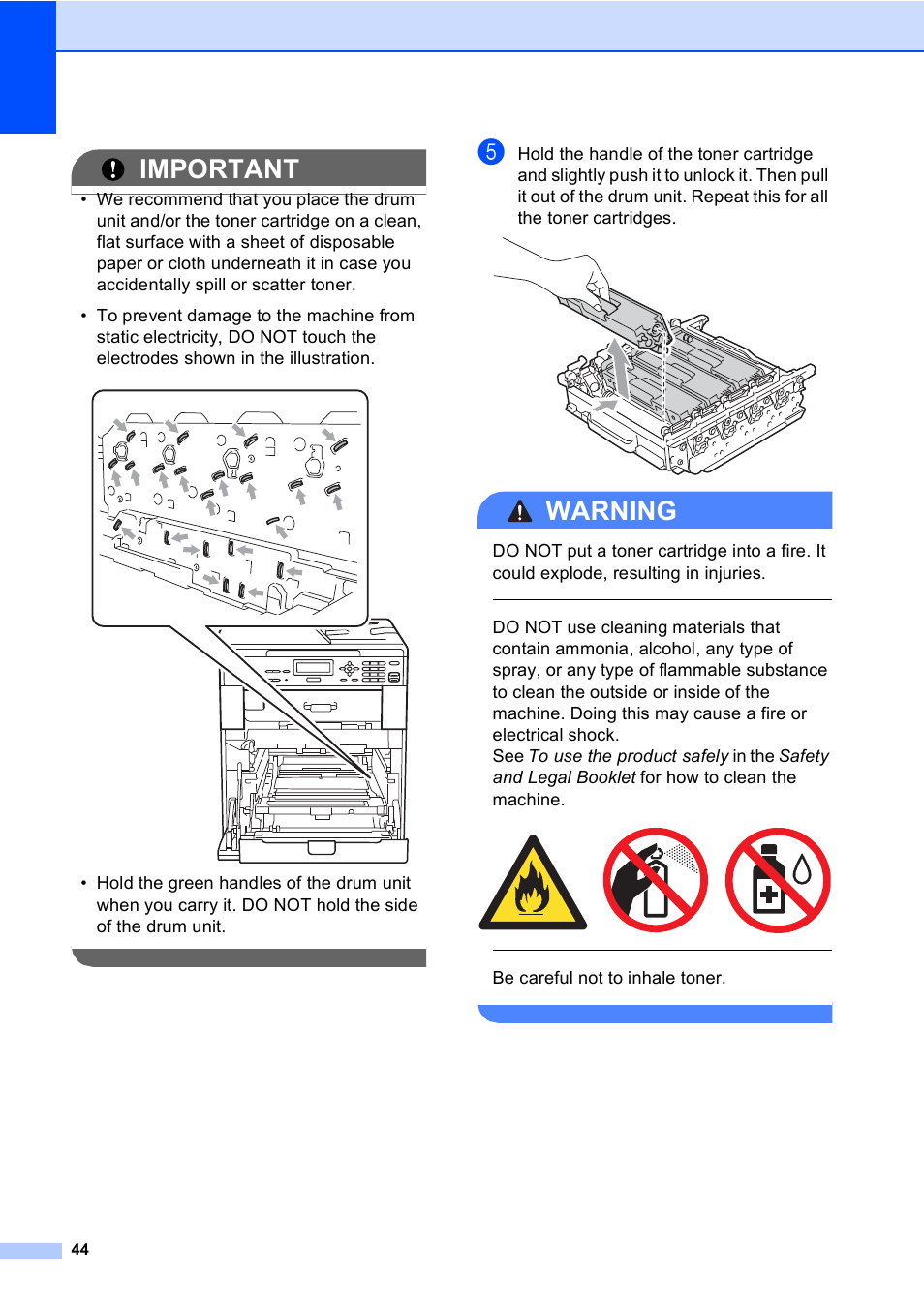 Important, Warning, Be careful not to inhale toner | Brother DCP-9055CDN User Manual | Page 52 / 146