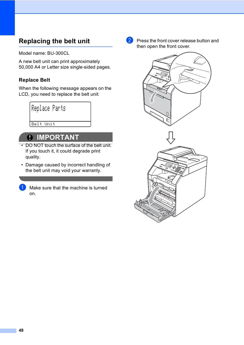 Replacing the belt unit, Replace belt, Replace parts | Important | Brother DCP-9055CDN User Manual | Page 56 / 146