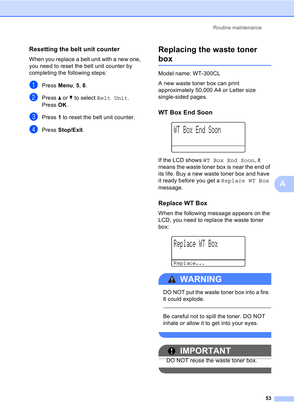 Resetting the belt unit counter, Replacing the waste toner box, Wt box end soon | Replace wt box, Warning, Important | Brother DCP-9055CDN User Manual | Page 61 / 146