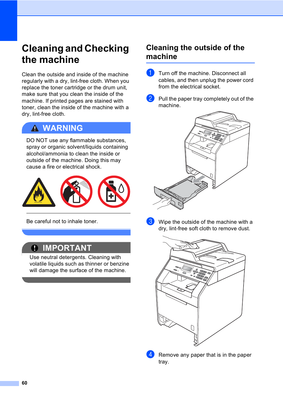 Cleaning and checking the machine, Cleaning the outside of the machine, Warning | Important | Brother DCP-9055CDN User Manual | Page 68 / 146