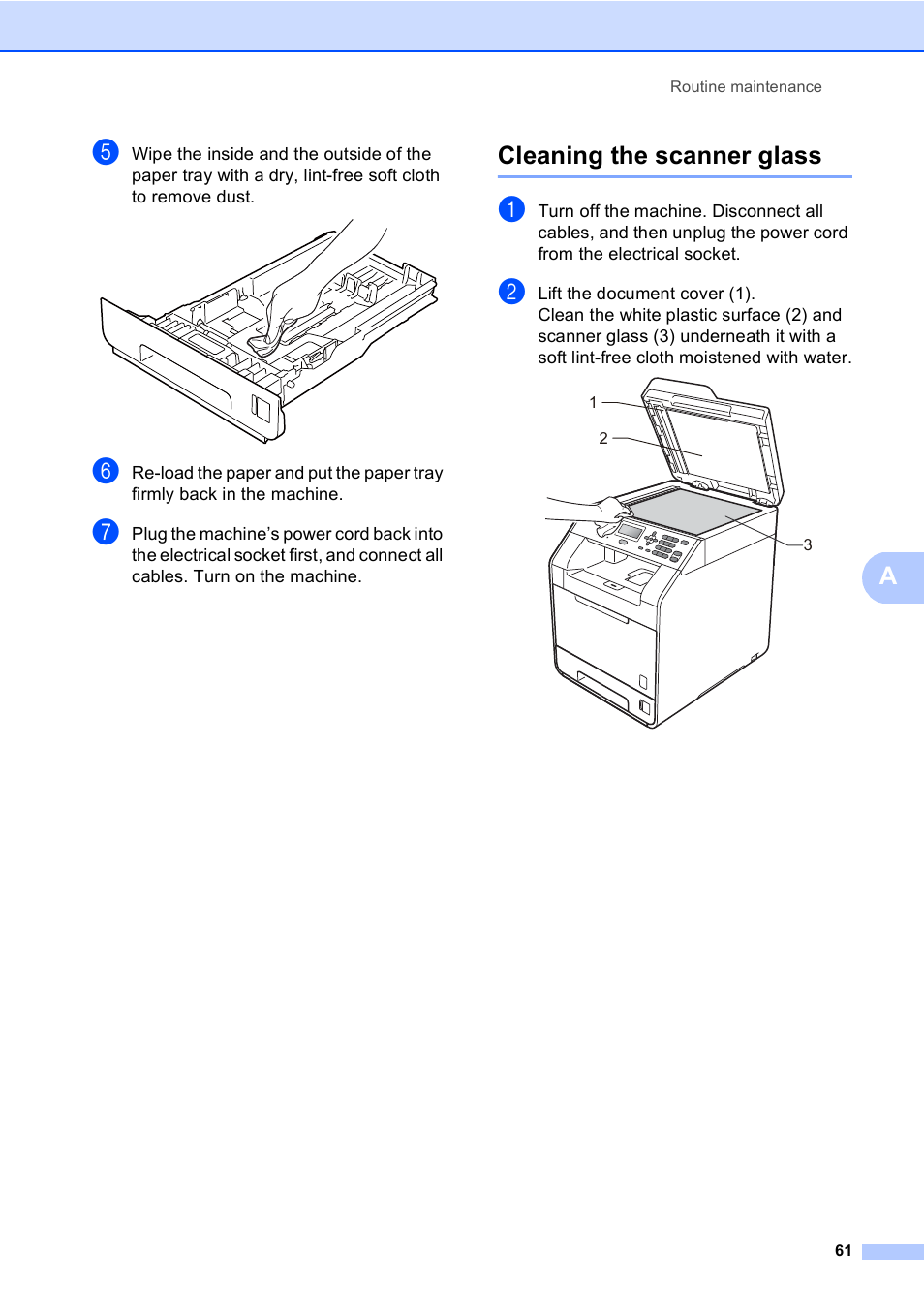Cleaning the scanner glass | Brother DCP-9055CDN User Manual | Page 69 / 146