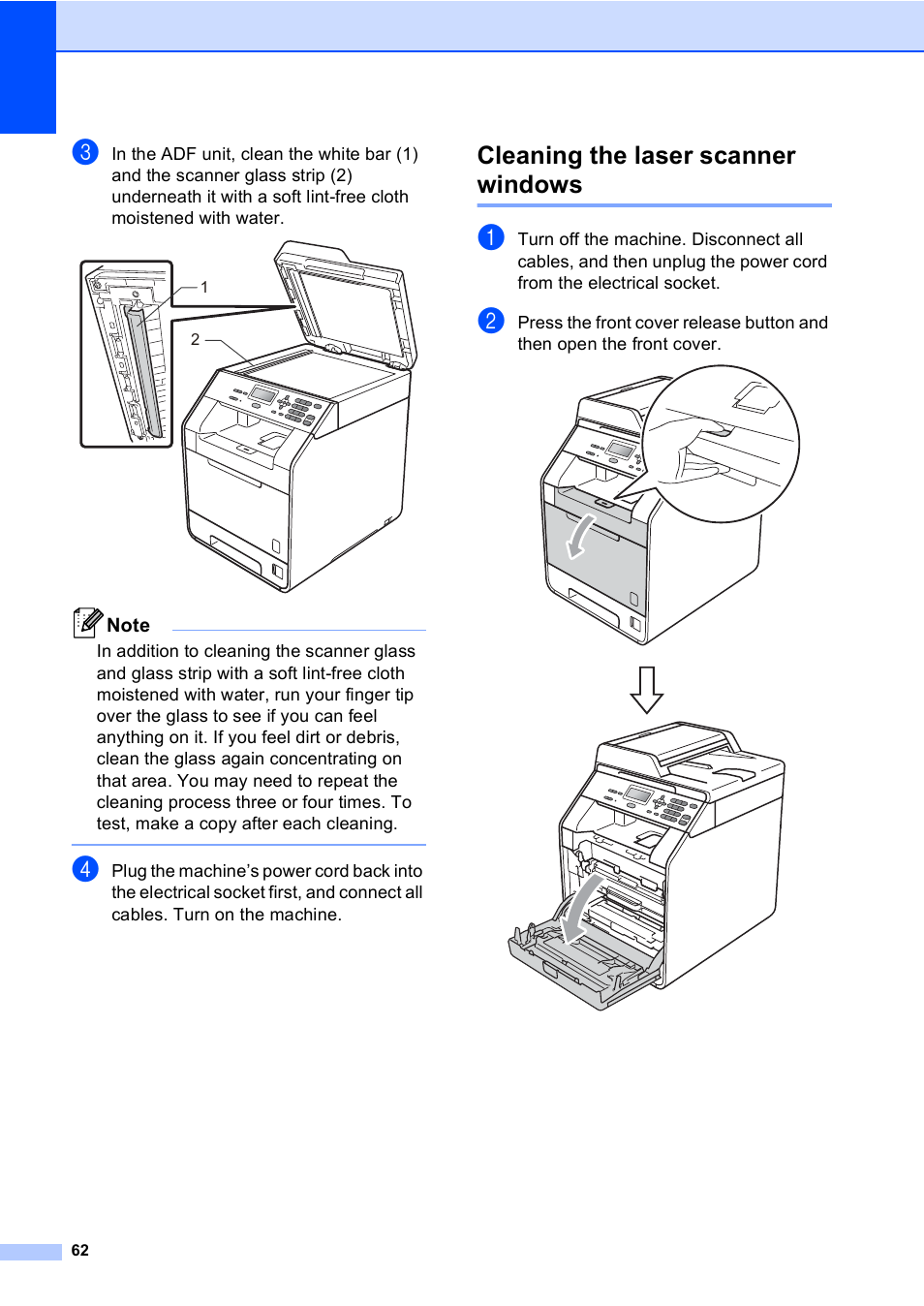 Cleaning the laser scanner windows | Brother DCP-9055CDN User Manual | Page 70 / 146