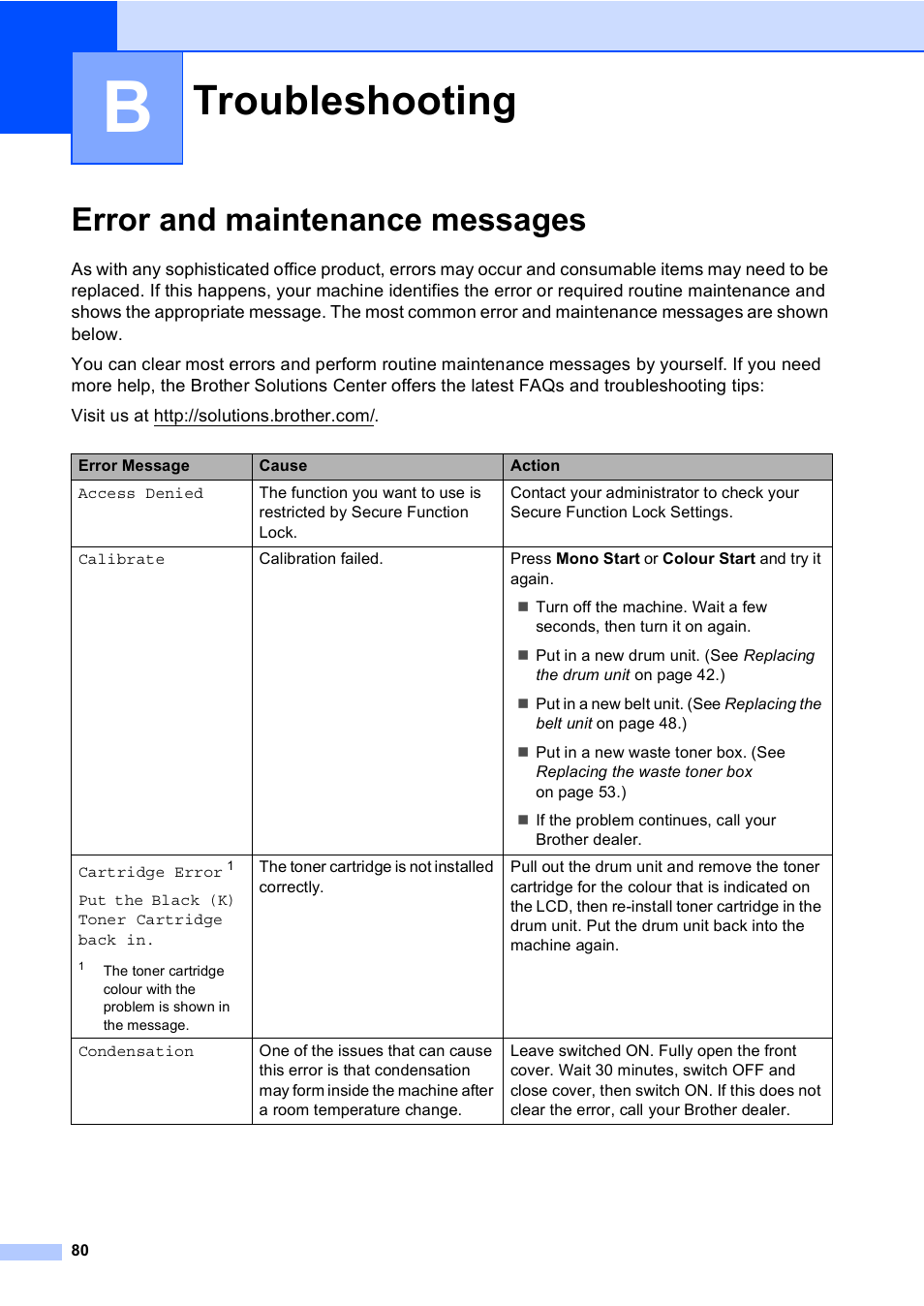 B troubleshooting, Error and maintenance messages, Troubleshooting 80 | Troubleshooting | Brother DCP-9055CDN User Manual | Page 88 / 146
