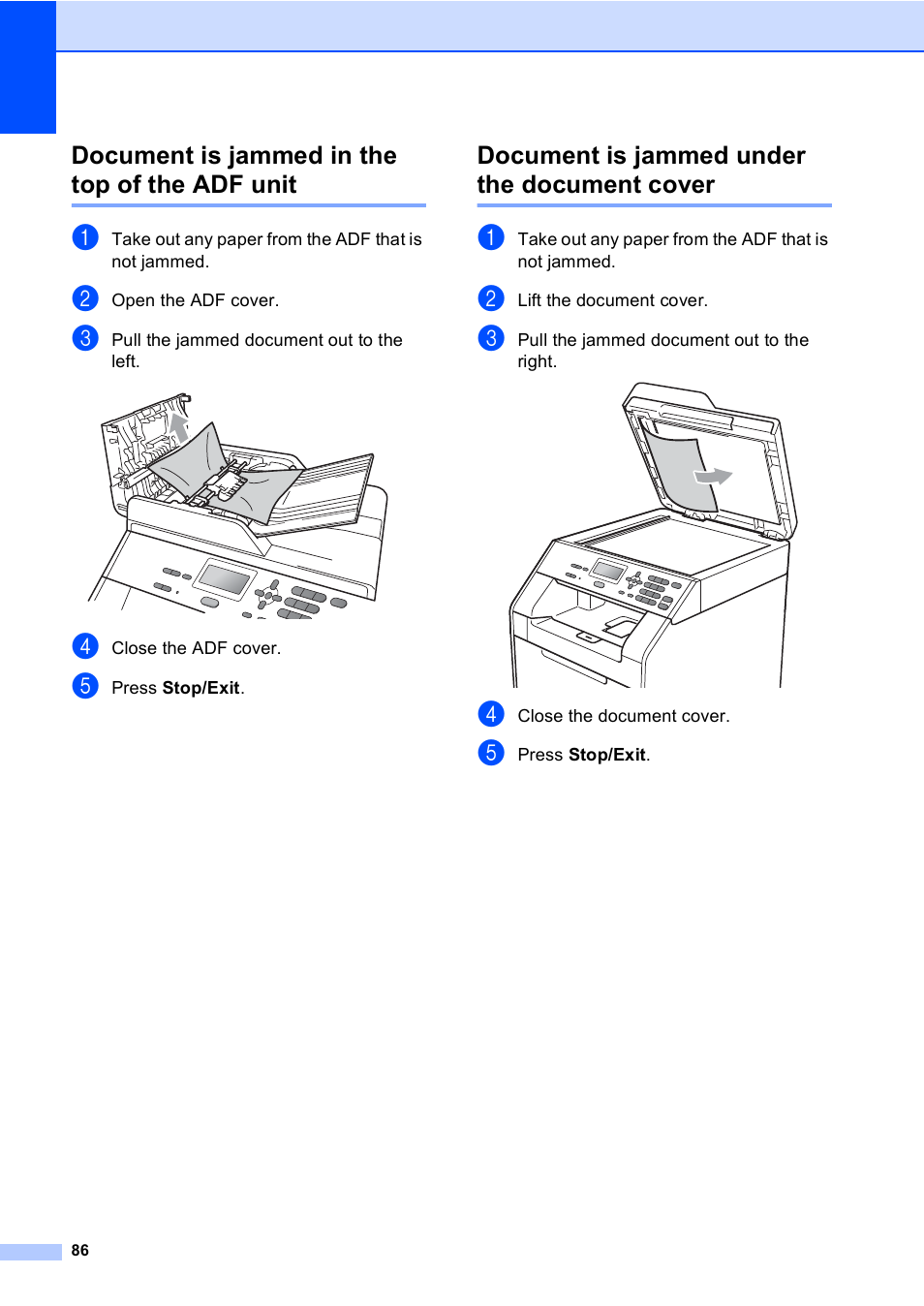 Document is jammed in the top of the adf unit, Document is jammed under the document cover | Brother DCP-9055CDN User Manual | Page 94 / 146