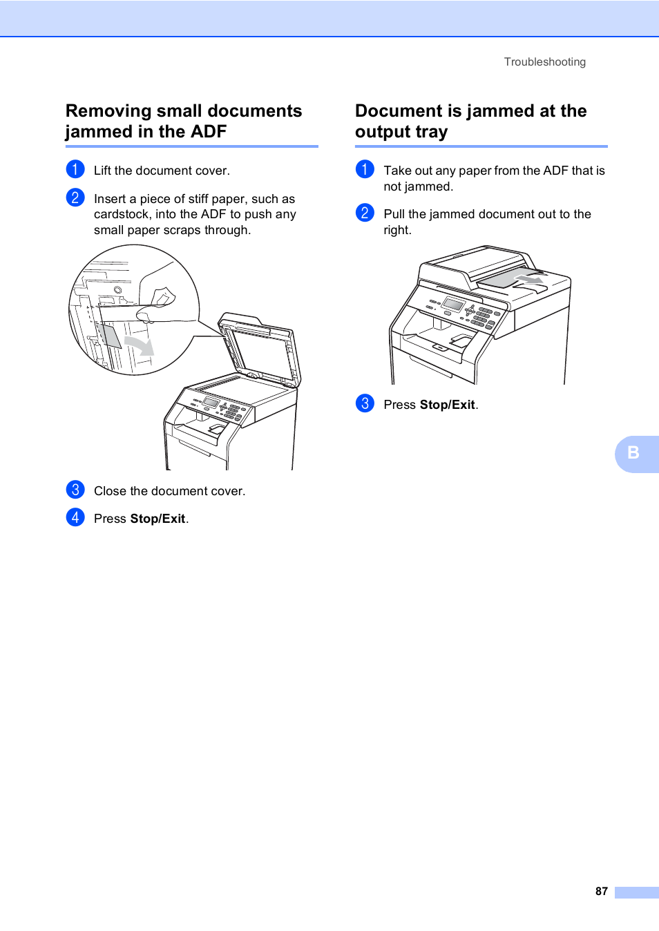 Removing small documents jammed in the adf, Document is jammed at the output tray, Bremoving small documents jammed in the adf | Brother DCP-9055CDN User Manual | Page 95 / 146