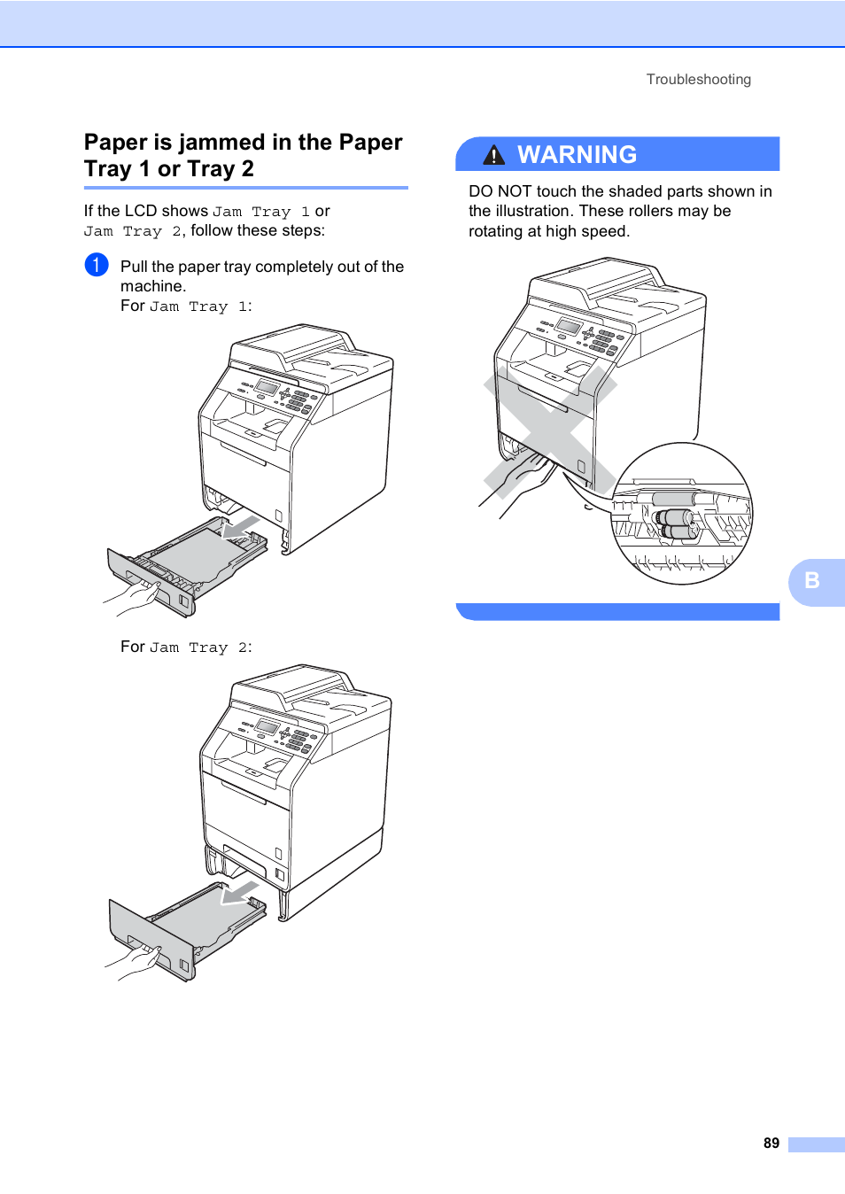 Paper is jammed in the paper tray 1 or tray 2, Warning, Bpaper is jammed in the paper tray 1 or tray 2 | For jam tray 2 | Brother DCP-9055CDN User Manual | Page 97 / 146