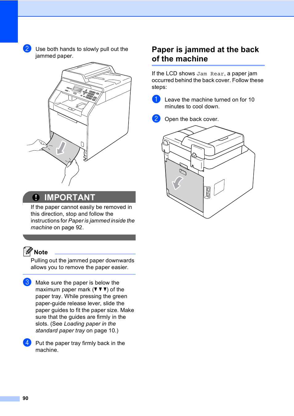 Paper is jammed at the back of the machine, Important | Brother DCP-9055CDN User Manual | Page 98 / 146