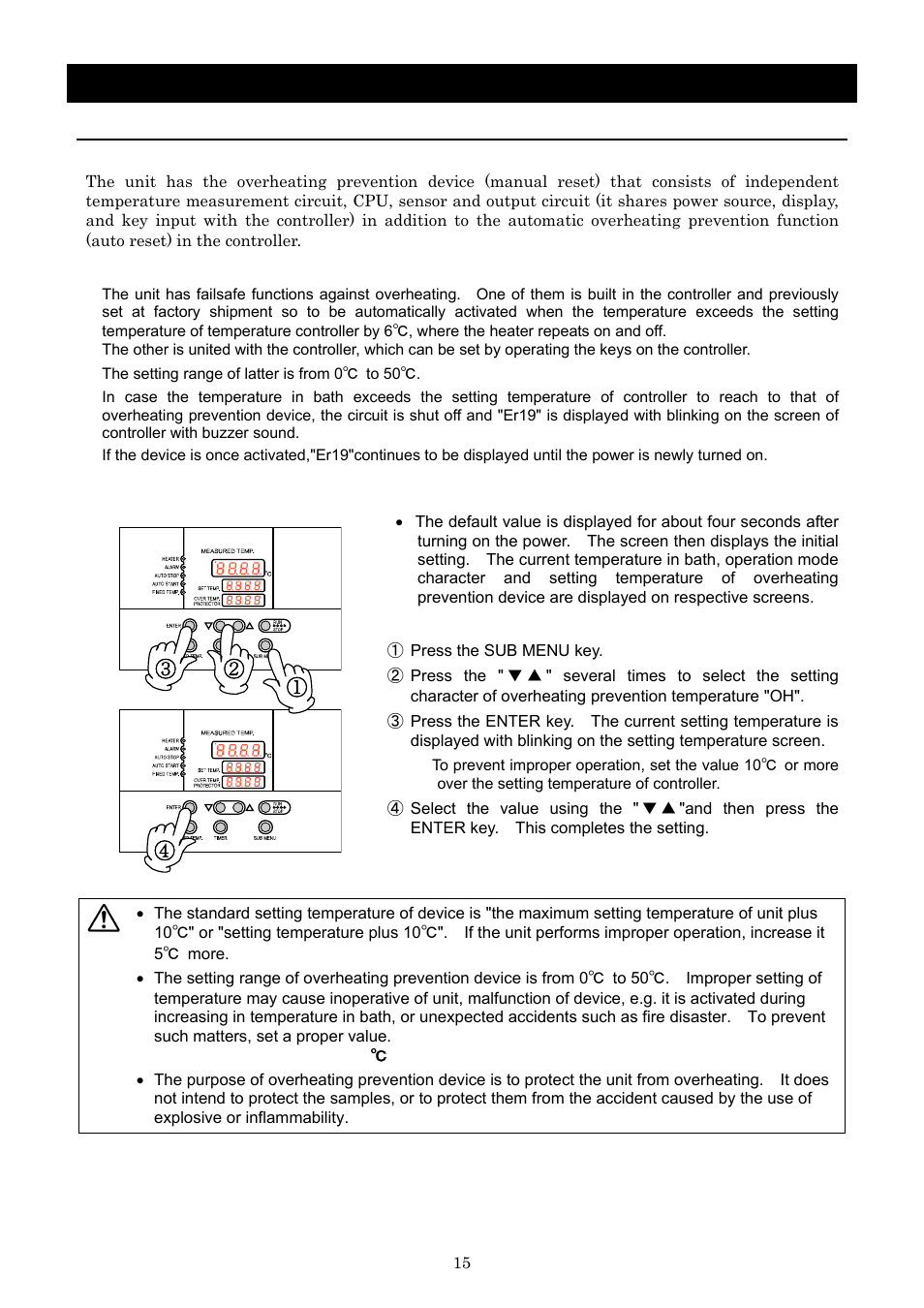 Operation method, Setting of overheating prevention device | Yamato Scientific BB600 Low Constant Temperature Water Bath User Manual | Page 18 / 64