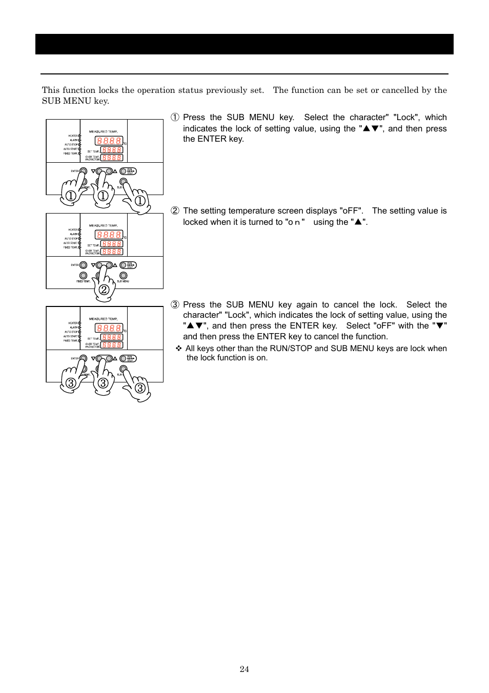 Operation method, Lock function | Yamato Scientific BB600 Low Constant Temperature Water Bath User Manual | Page 27 / 64