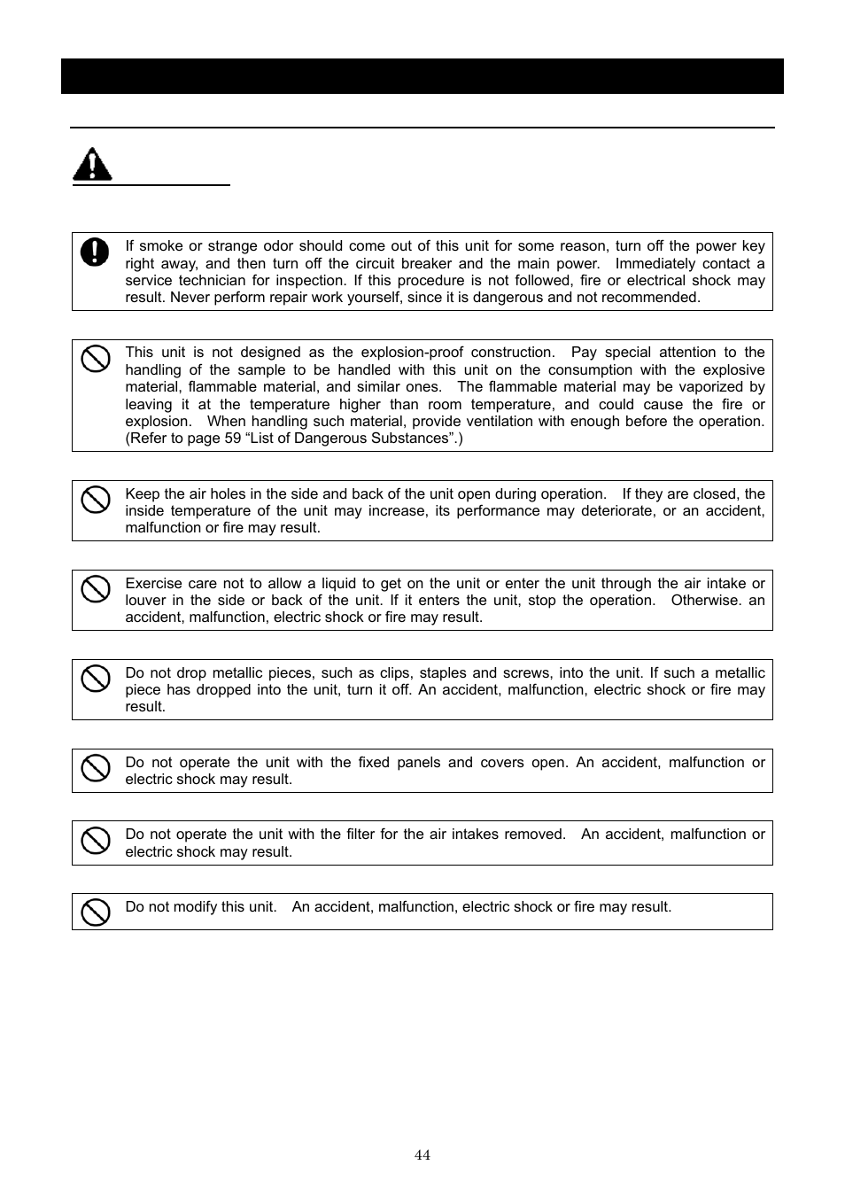 Handling precautions, Warning | Yamato Scientific BB600 Low Constant Temperature Water Bath User Manual | Page 47 / 64