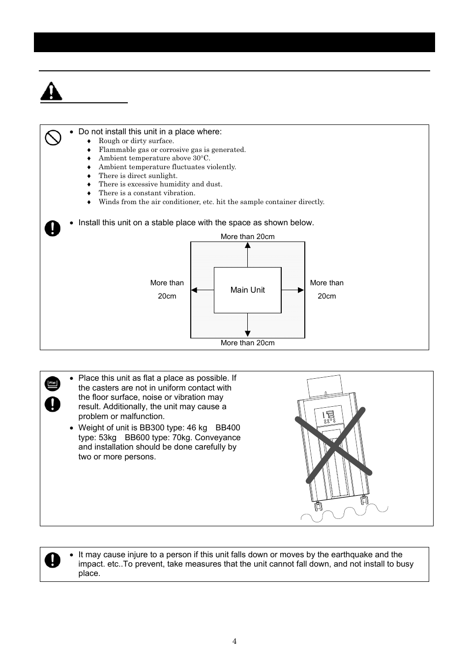 Before using this unit, Warning, Requirements for installation | Yamato Scientific BB600 Low Constant Temperature Water Bath User Manual | Page 7 / 64