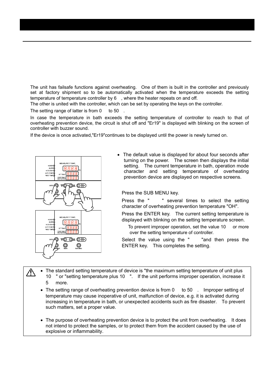 Operation method, Setting of overheating prevention device | Yamato Scientific BBL300 Low Constant Temperature Water Bath User Manual | Page 18 / 61