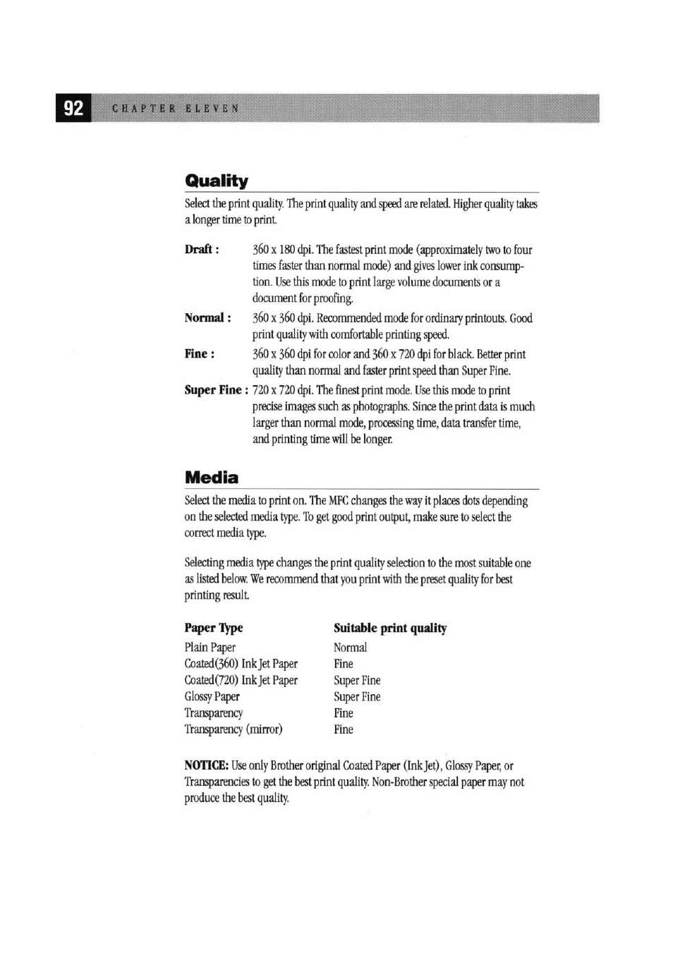 Quality, Media, Quality media | Brother MFC7000FC User Manual | Page 100 / 147