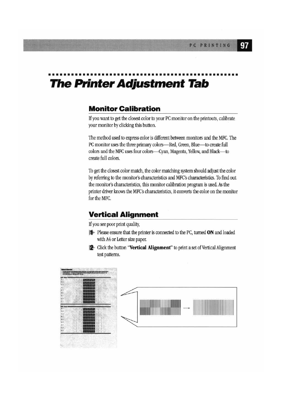 The printer aiuustment tab, Monitor calibration, Vertical alignment | The printer adjustment tab | Brother MFC7000FC User Manual | Page 105 / 147