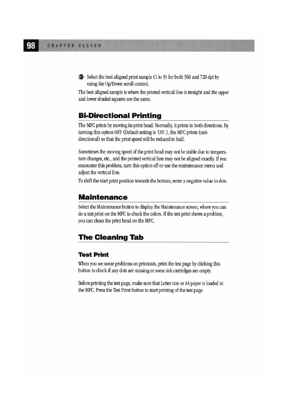 The cleaning tab, Bi-directional printing, Maintenance | Brother MFC7000FC User Manual | Page 106 / 147
