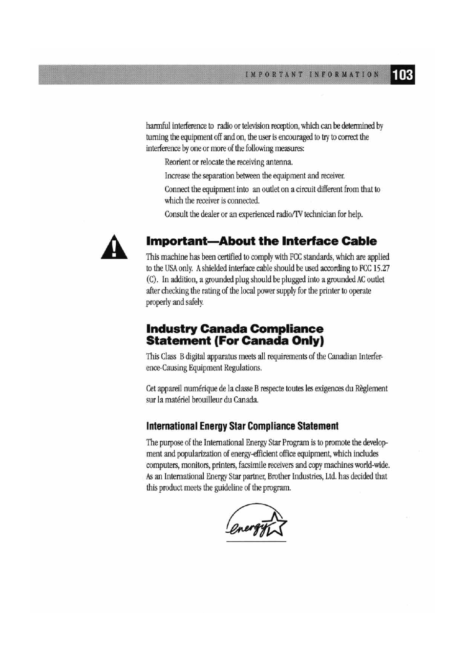 Important—about the interface cable | Brother MFC7000FC User Manual | Page 111 / 147