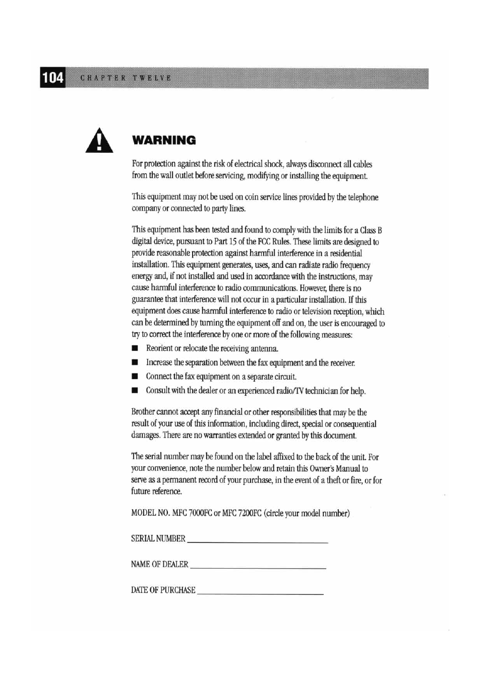 Warning | Brother MFC7000FC User Manual | Page 112 / 147