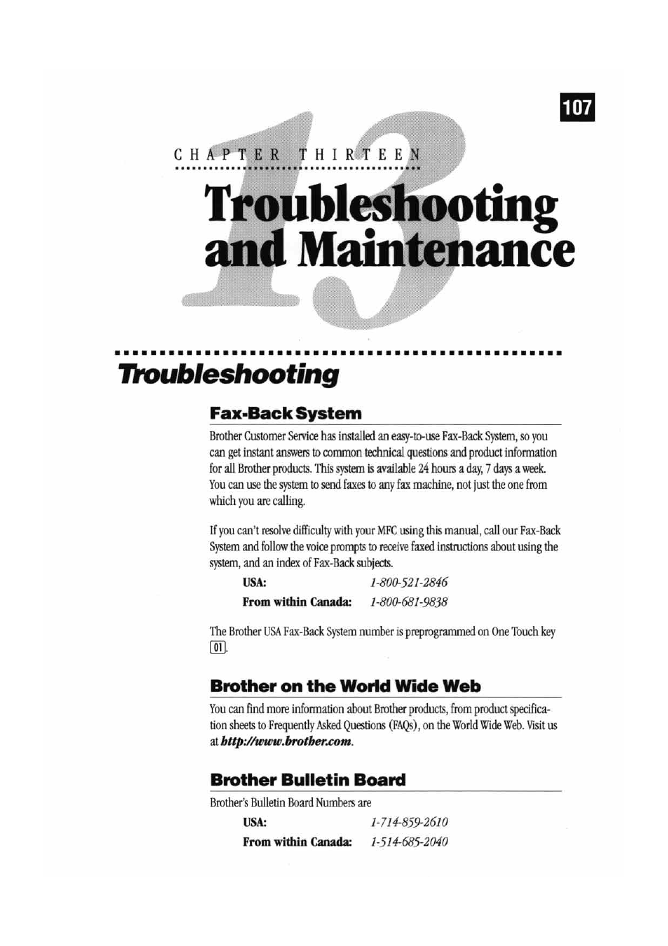 Noublbshooting, Fax-back system, Brother on the worid wide web | Brother bulletin board, Aiid maint^ance | Brother MFC7000FC User Manual | Page 115 / 147