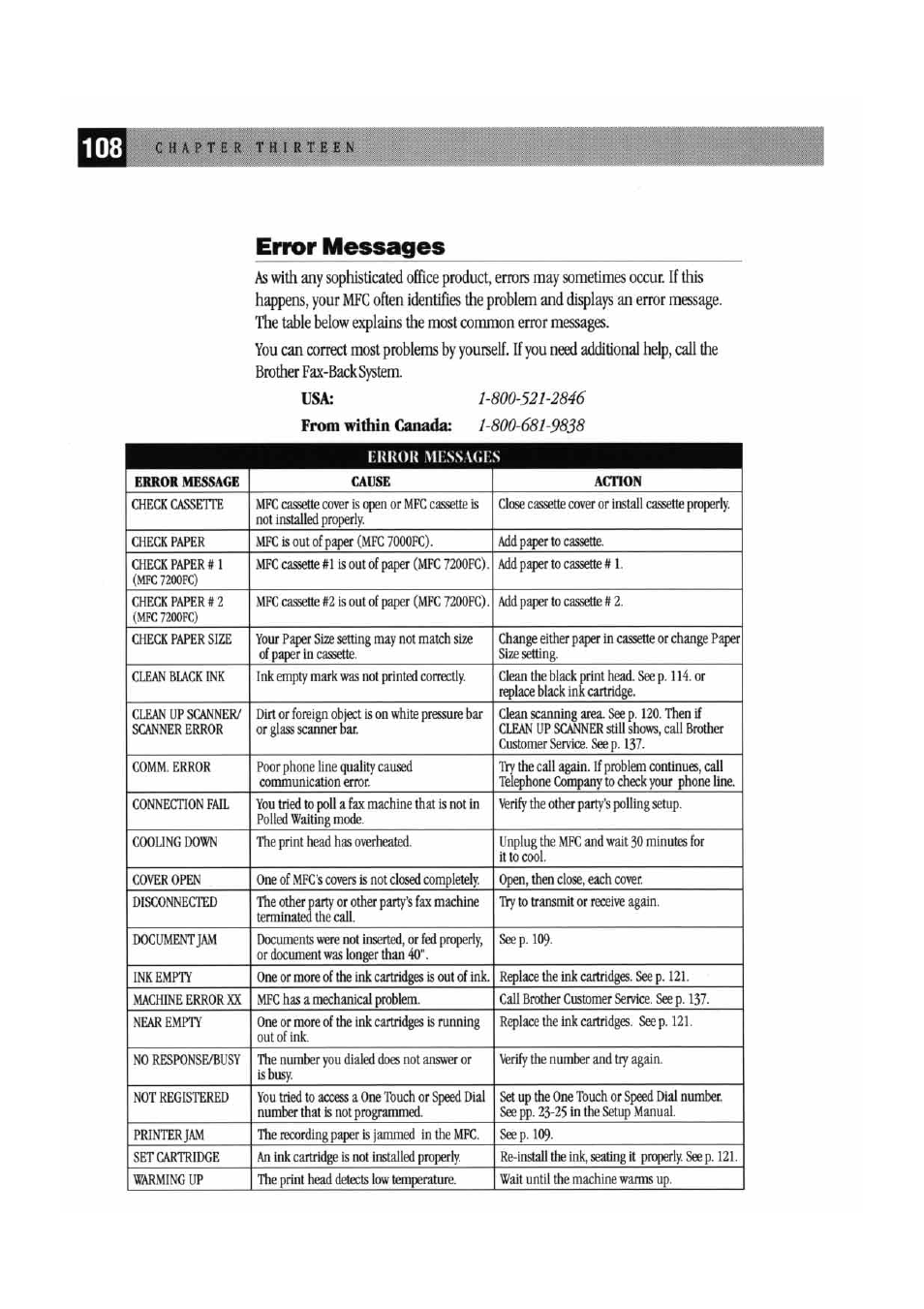 Error messages, From within canada: 1-800-681-9838, 108 error messages | Brother MFC7000FC User Manual | Page 116 / 147