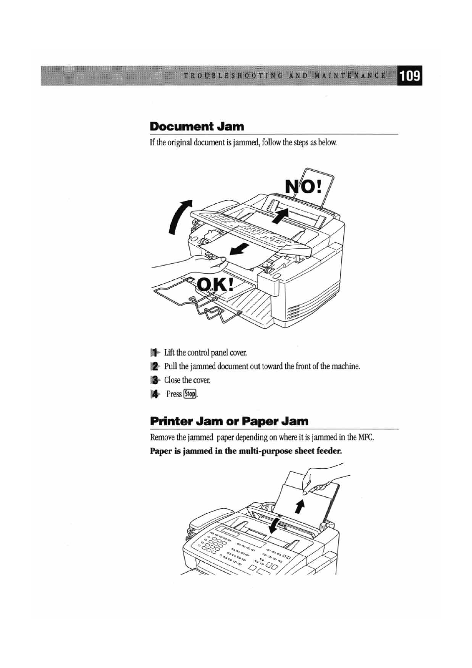 Document jam, Printer jam or paper jam, Document jam printer jam or paper jam | Brother MFC7000FC User Manual | Page 117 / 147