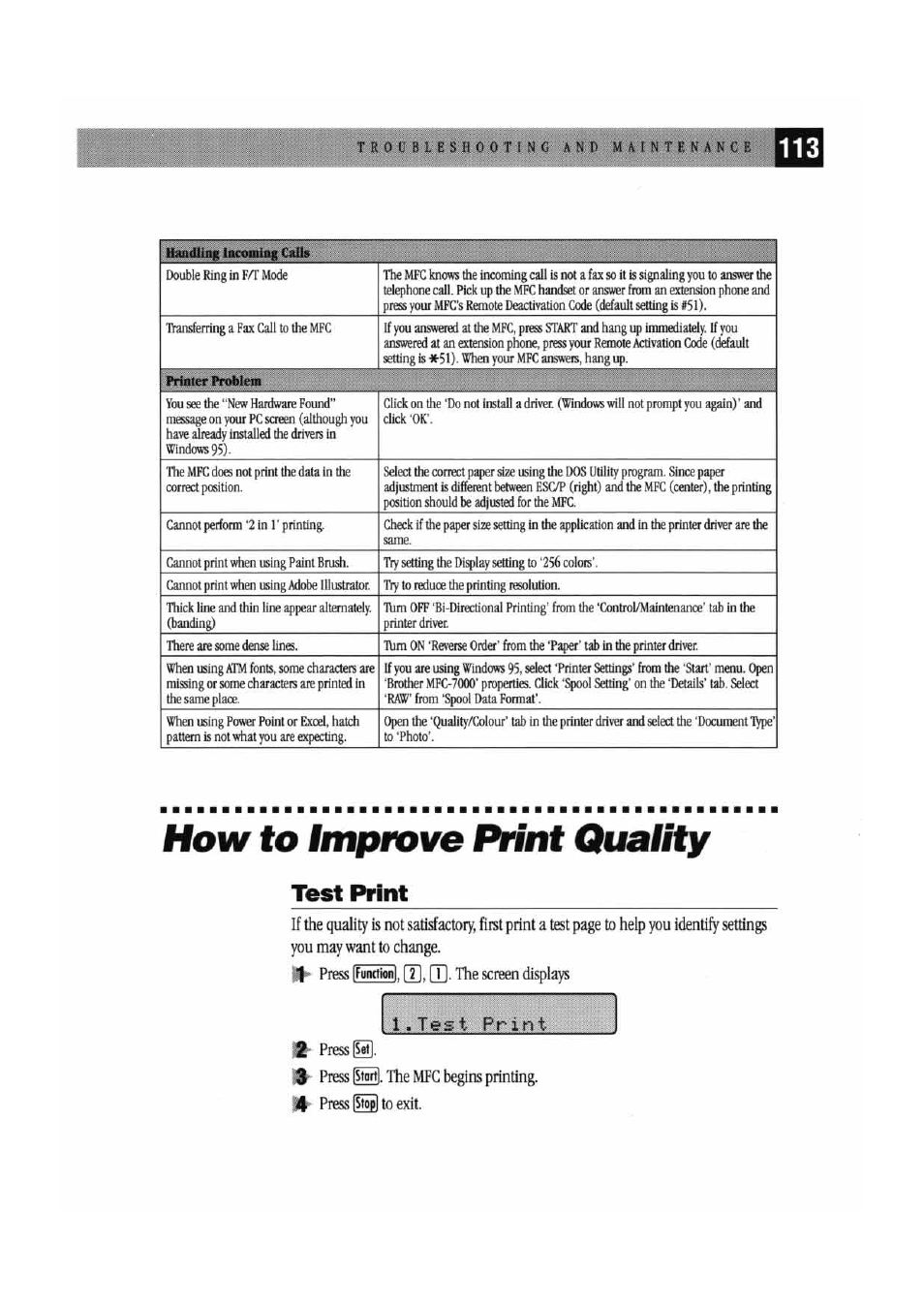 How to improve print quality, Test print, L.test print | Brother MFC7000FC User Manual | Page 121 / 147