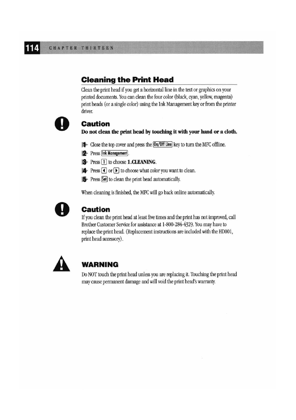 Cleaning the print head, Caution, Warning | Brother MFC7000FC User Manual | Page 122 / 147