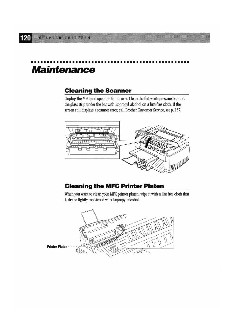Maintenance, Cleaning the scanner, Cleaning the mfc printer platen | Brother MFC7000FC User Manual | Page 128 / 147