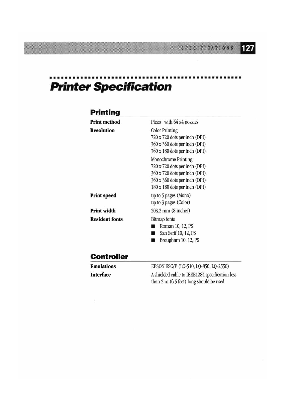 Printer specification, Printing, Controller | Brother MFC7000FC User Manual | Page 135 / 147