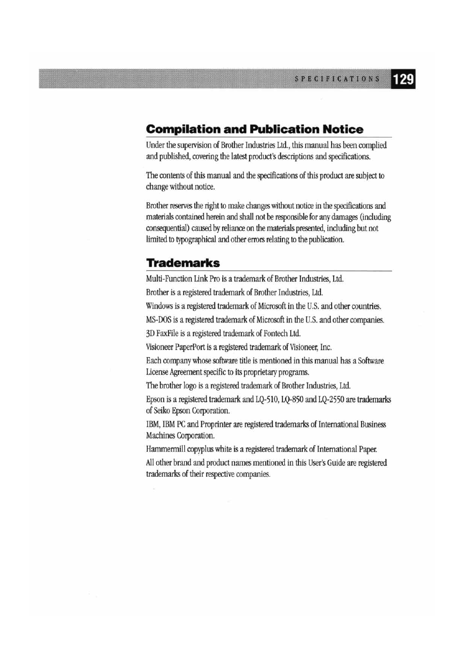 Compilation and publication notice, Trademarks, Compilation and publication notice trademarks | Brother MFC7000FC User Manual | Page 137 / 147
