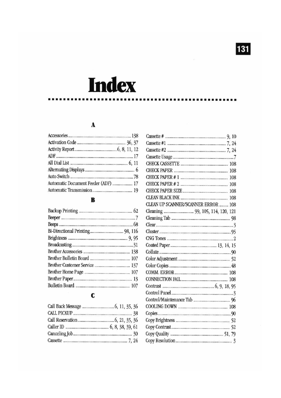 Index | Brother MFC7000FC User Manual | Page 139 / 147