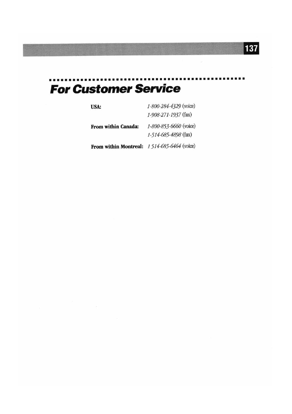 For customer service | Brother MFC7000FC User Manual | Page 145 / 147