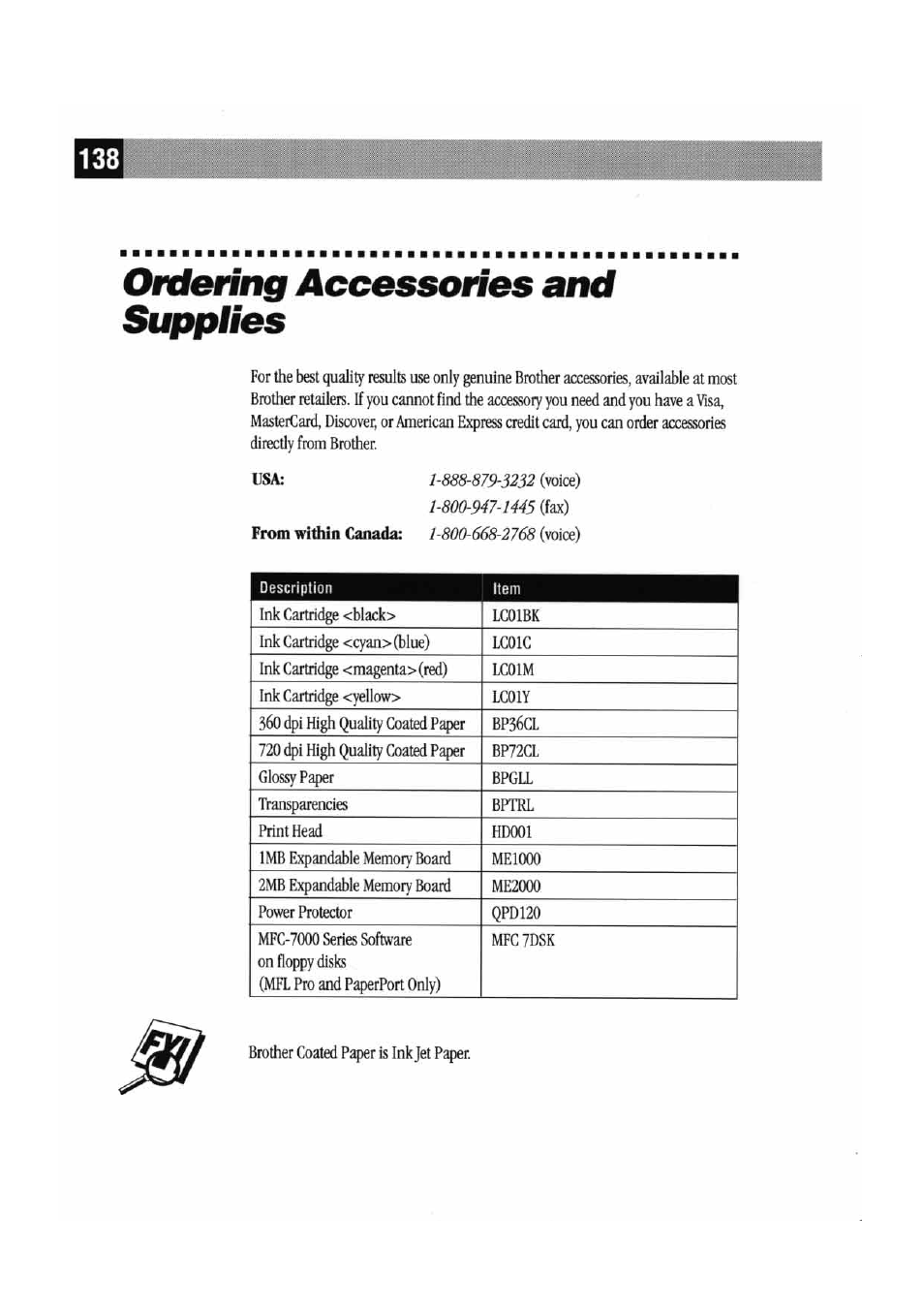 Ordering accessories and supplies | Brother MFC7000FC User Manual | Page 146 / 147