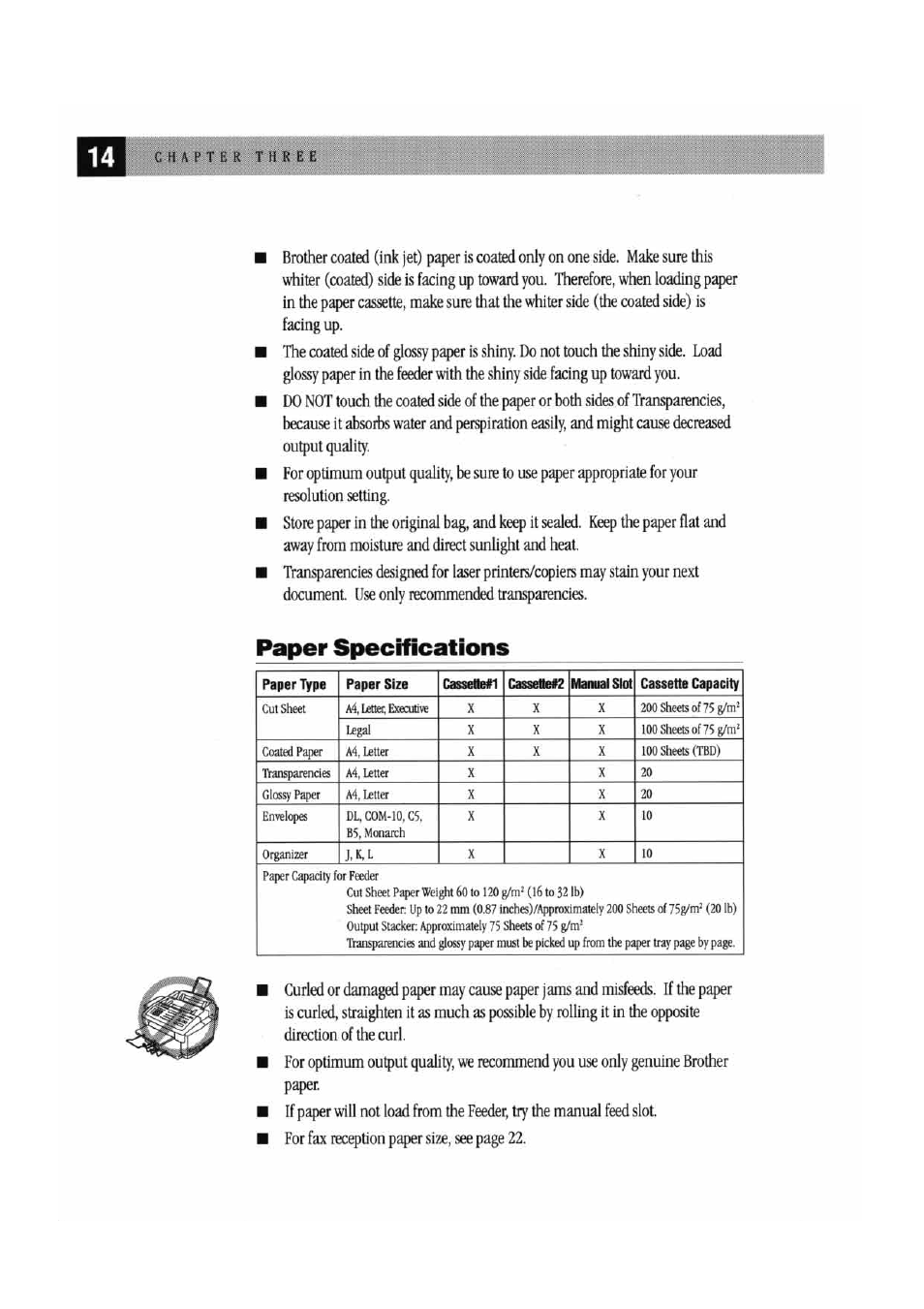 Paper specifications | Brother MFC7000FC User Manual | Page 22 / 147